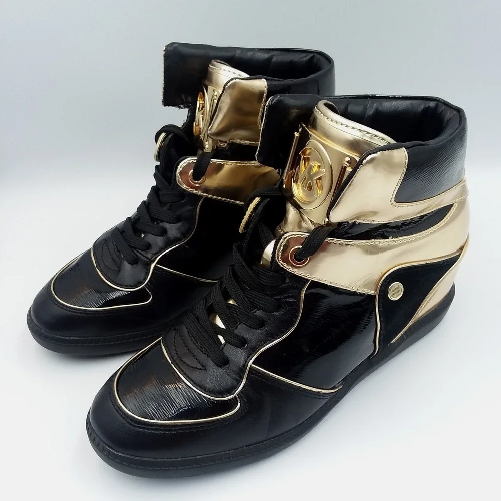 Michael Kors Nikko High-Top Wedge Sneakers Black Gold Patent‎ Leather Women's 8M